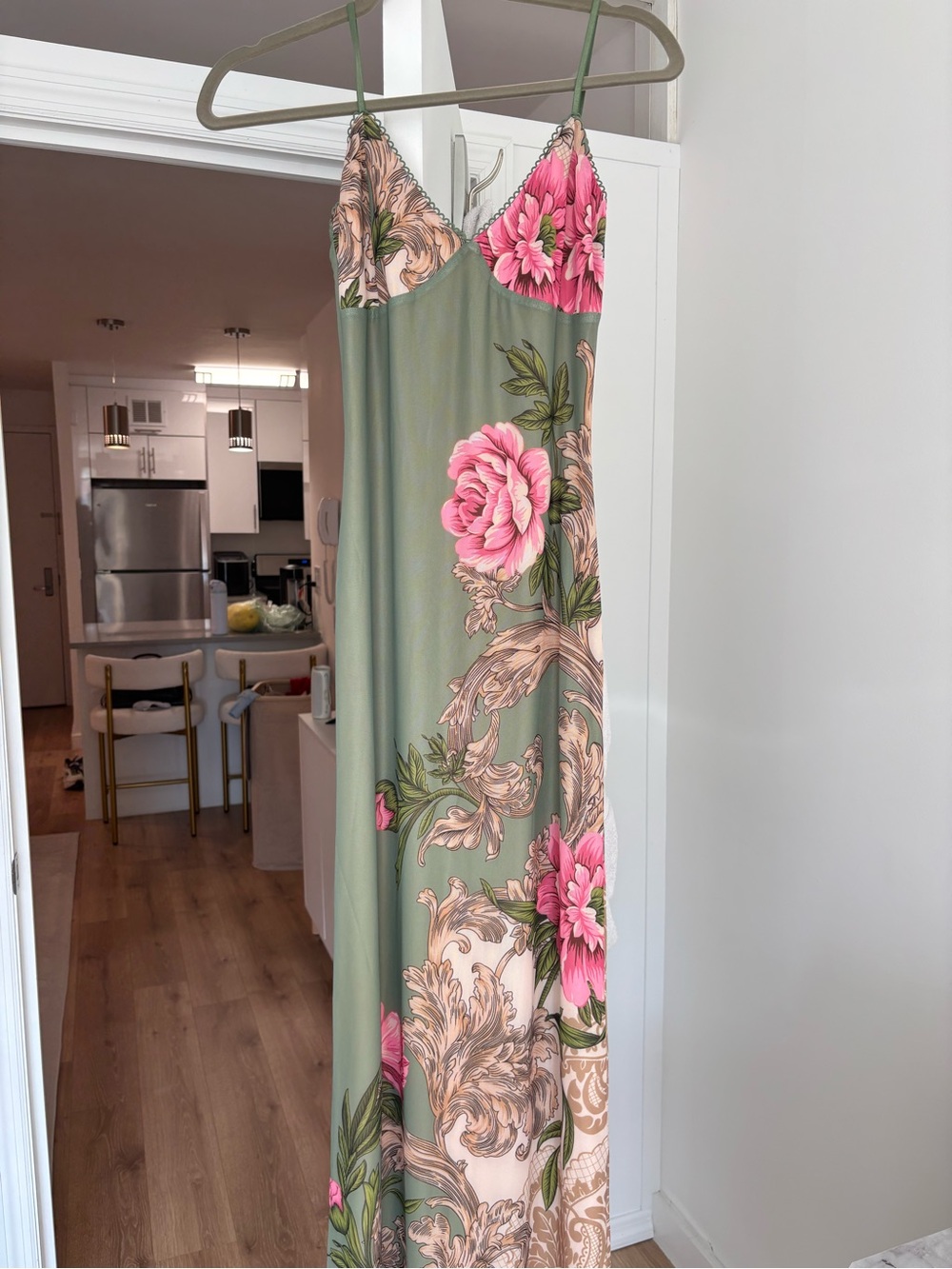 NWT Tiger Mist Floral Green Slip Dress with Pink Blooms